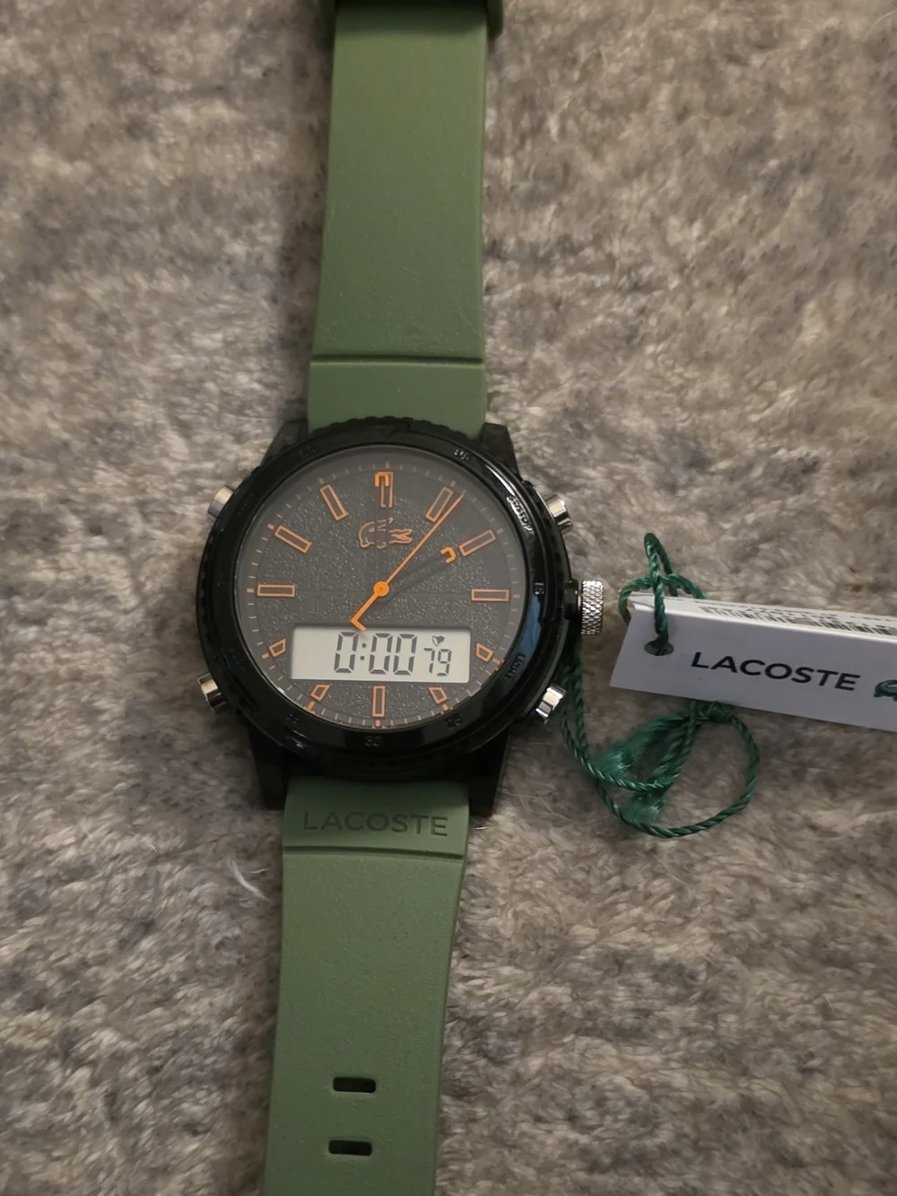 Lacoste Men's Green and Black Silicone Strap Watch with Orange Accents